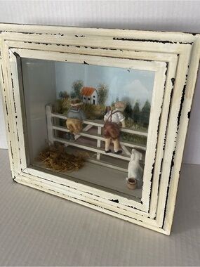 Vtg Wooden Country Farmhouse Rustic Shadow Box Children on Fence & dog Wall Hang